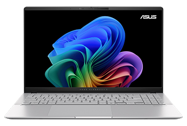An ASUS Vivobook laptop sits open with a colorful bloom background
