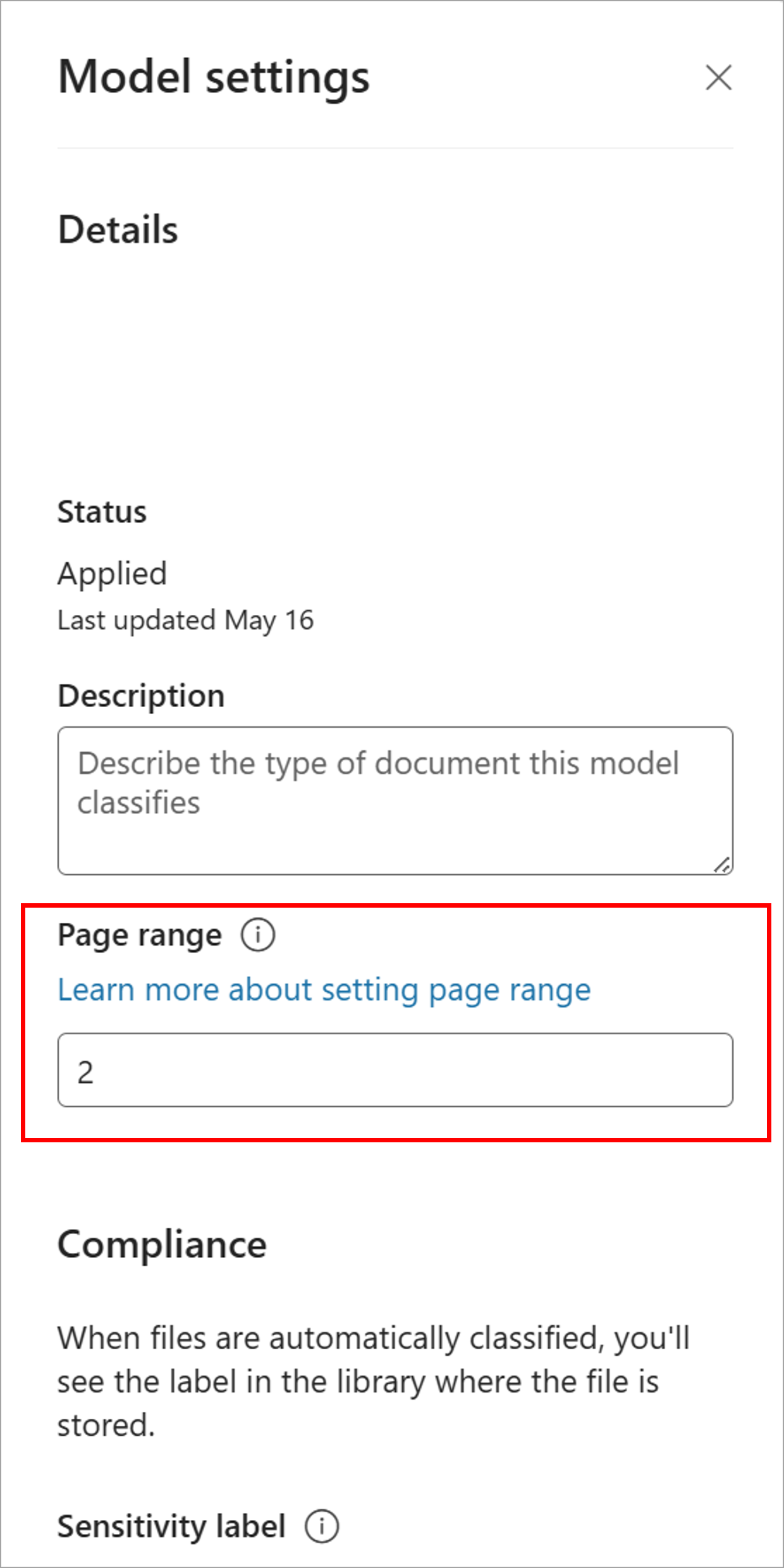 Model settings panel