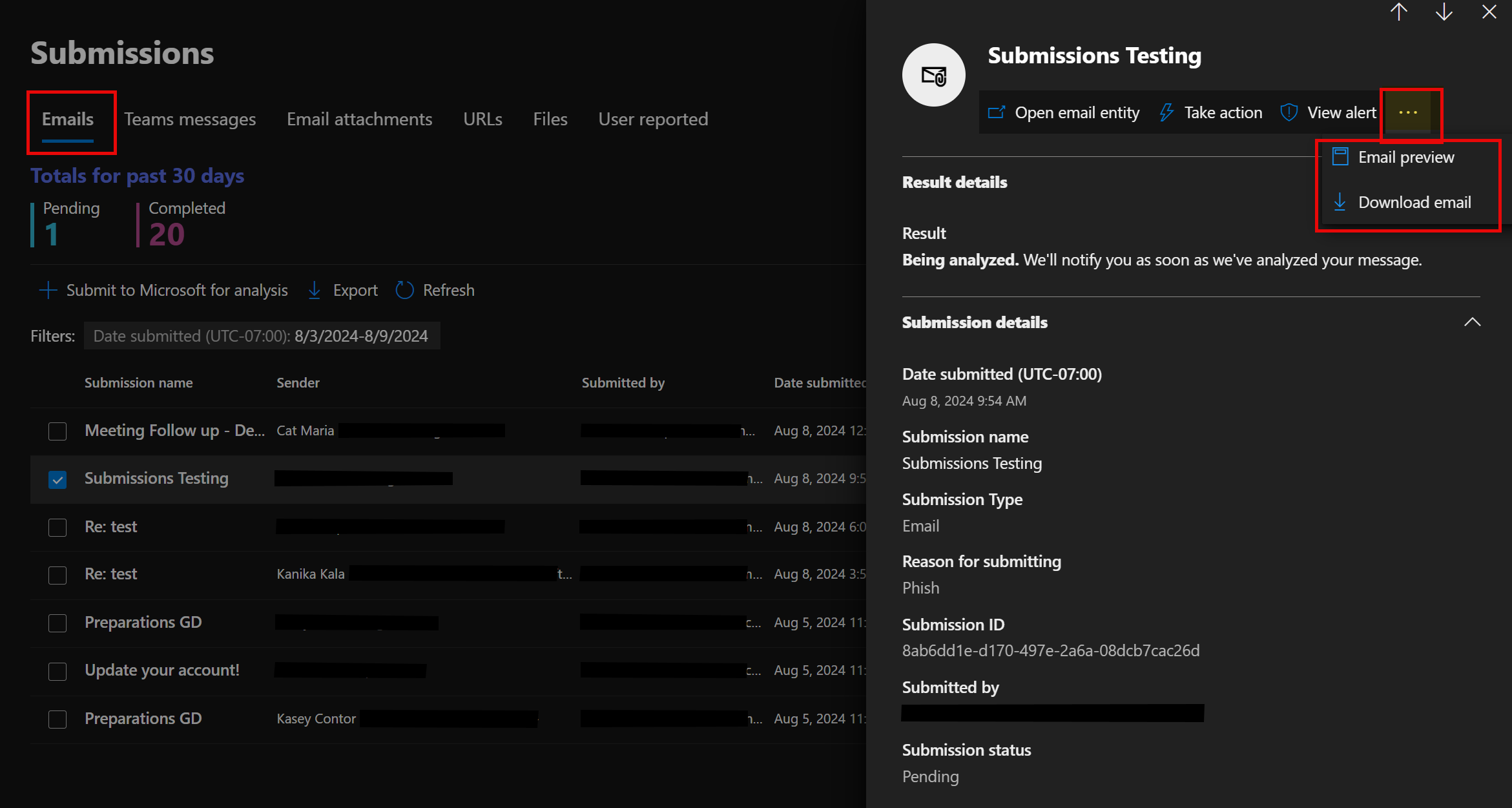 Submissions Testing panel