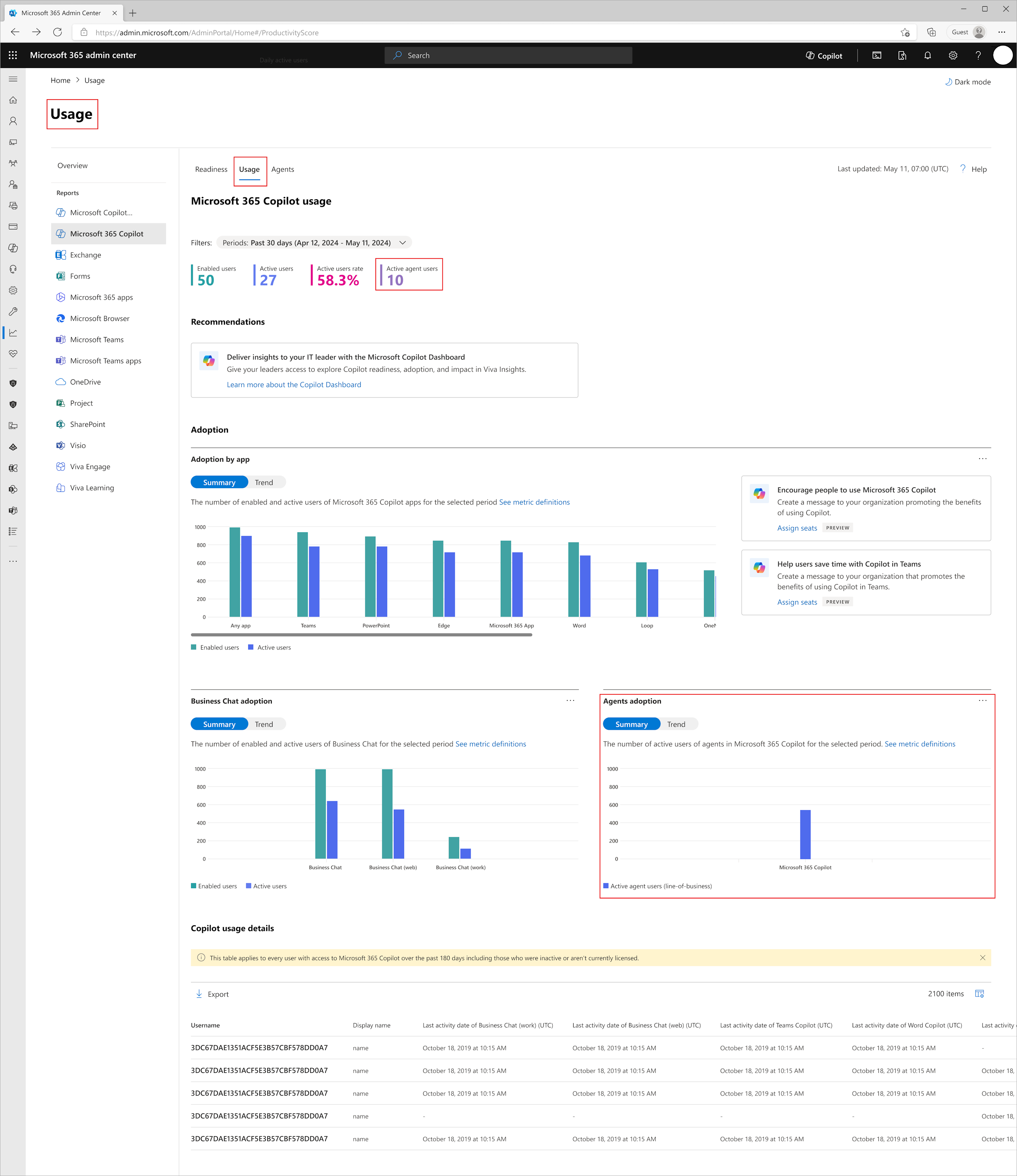 Copilot report's new Agents tab