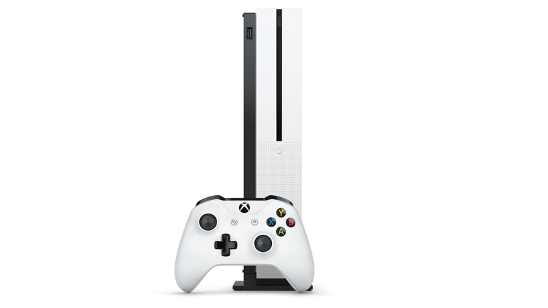 Xbox One S standing position with controller.