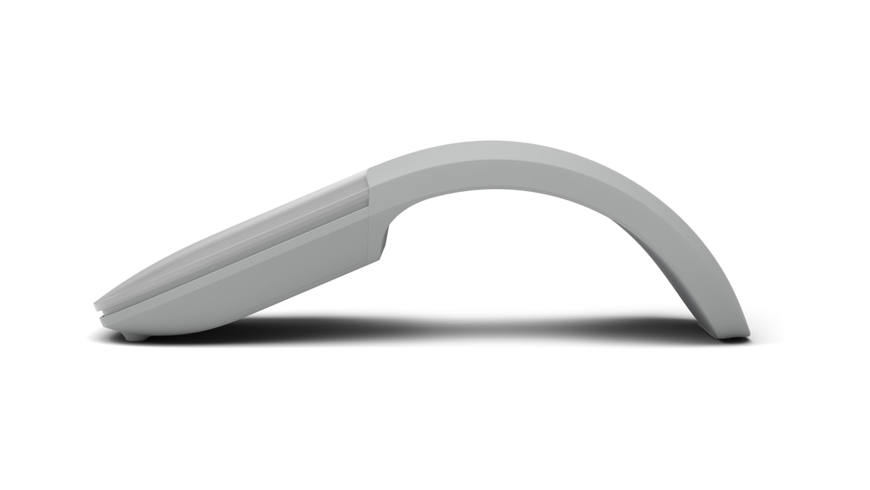 Surface Arc Touch Mouse von der Seite in gewölbter Position, Platin Grau.