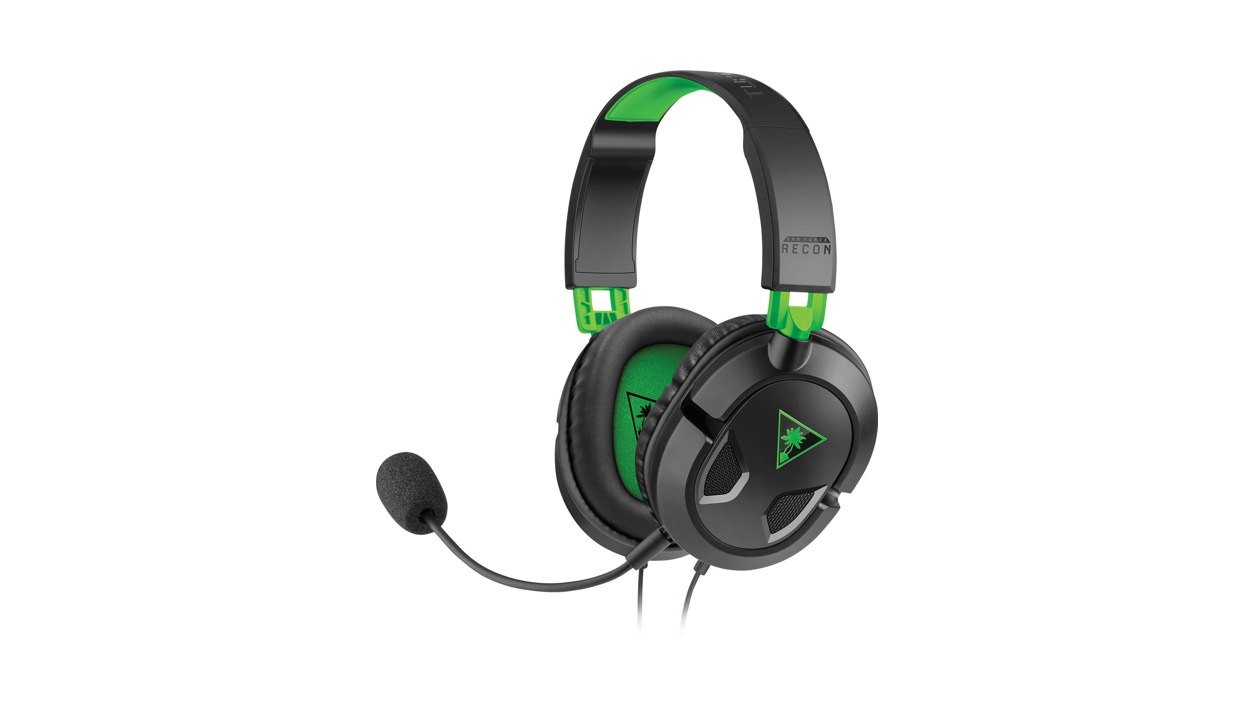 Left angled view of Turtle Beach Ear Force Recon 50X Stereo Gaming Headset in Black with boom mic.
