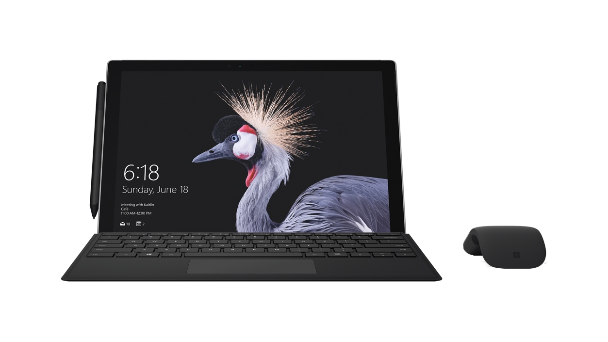 Black Surface Pro Type Cover for Business attached with Surface Pen and Surface Arc Mouse