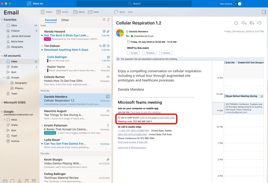 Join a meeting by code in Outlook