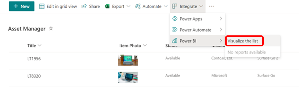 Once a report is saved and published, it will appear in the same submenu under Integrate > Power BI.