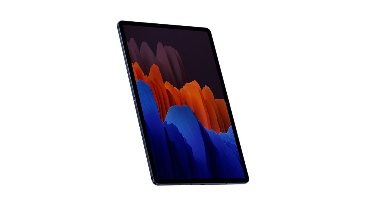 Left front view of Samsung Galaxy Tab S7+ 128GB Mystic Navy in vertical