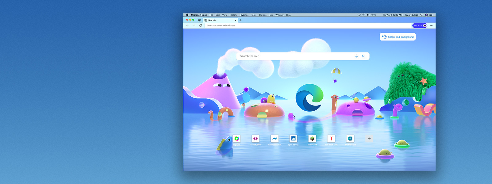 Microsoft Edge 浏览器主屏幕显示儿童模式的各种卡通形象