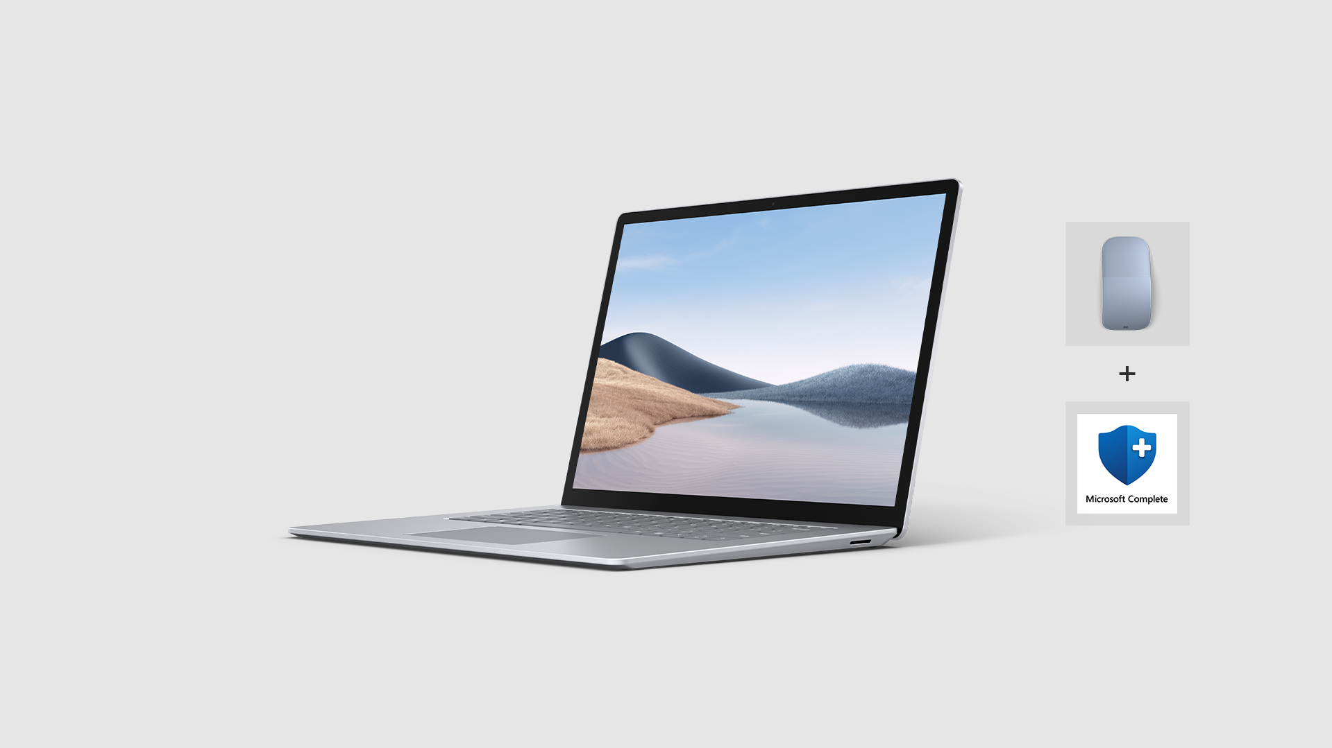 Surface Laptop 4 for Business device and graphical icons for Microsoft 365 and Microsoft Complete Protection Plan.