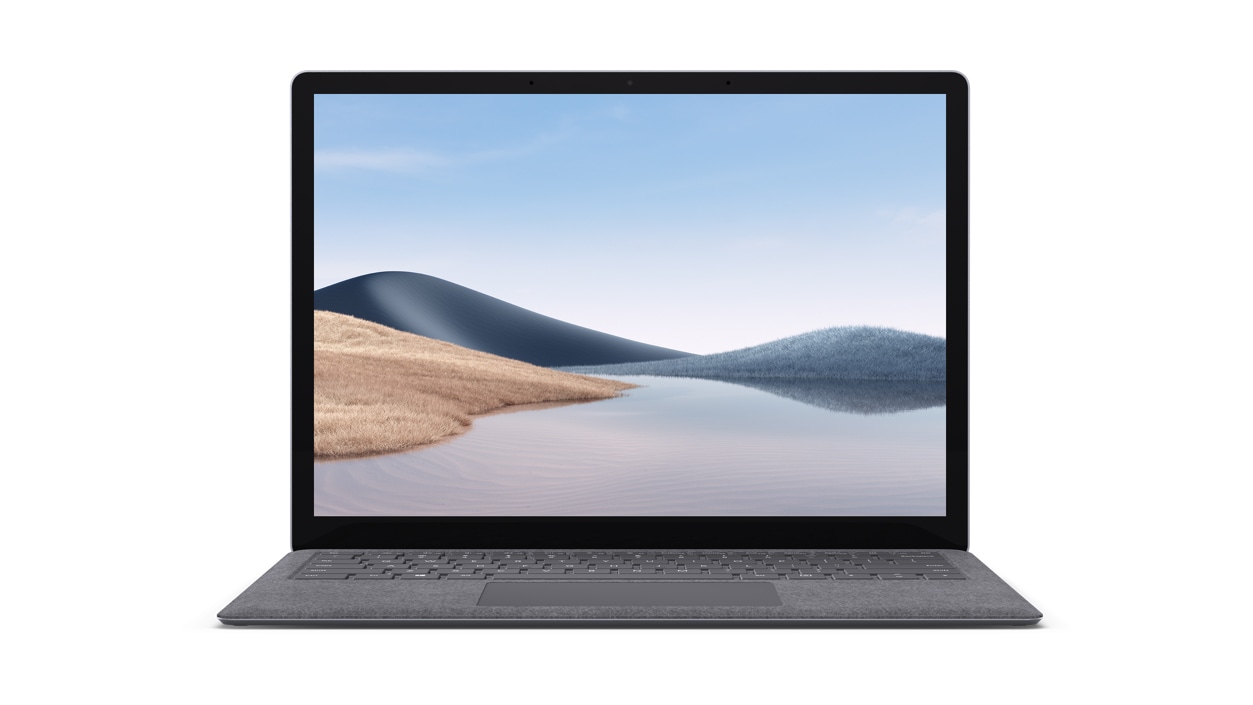 Platinanvärinen 13,5-tuumainen Surface Laptop 4, joka on varustettu Alcantara-näppäimistösuojalla