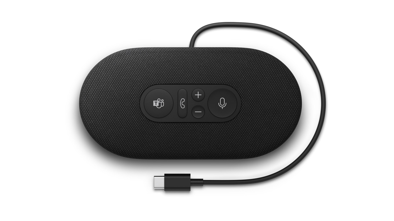 The Microsoft Modern USB-C Speaker with the cord in sight.