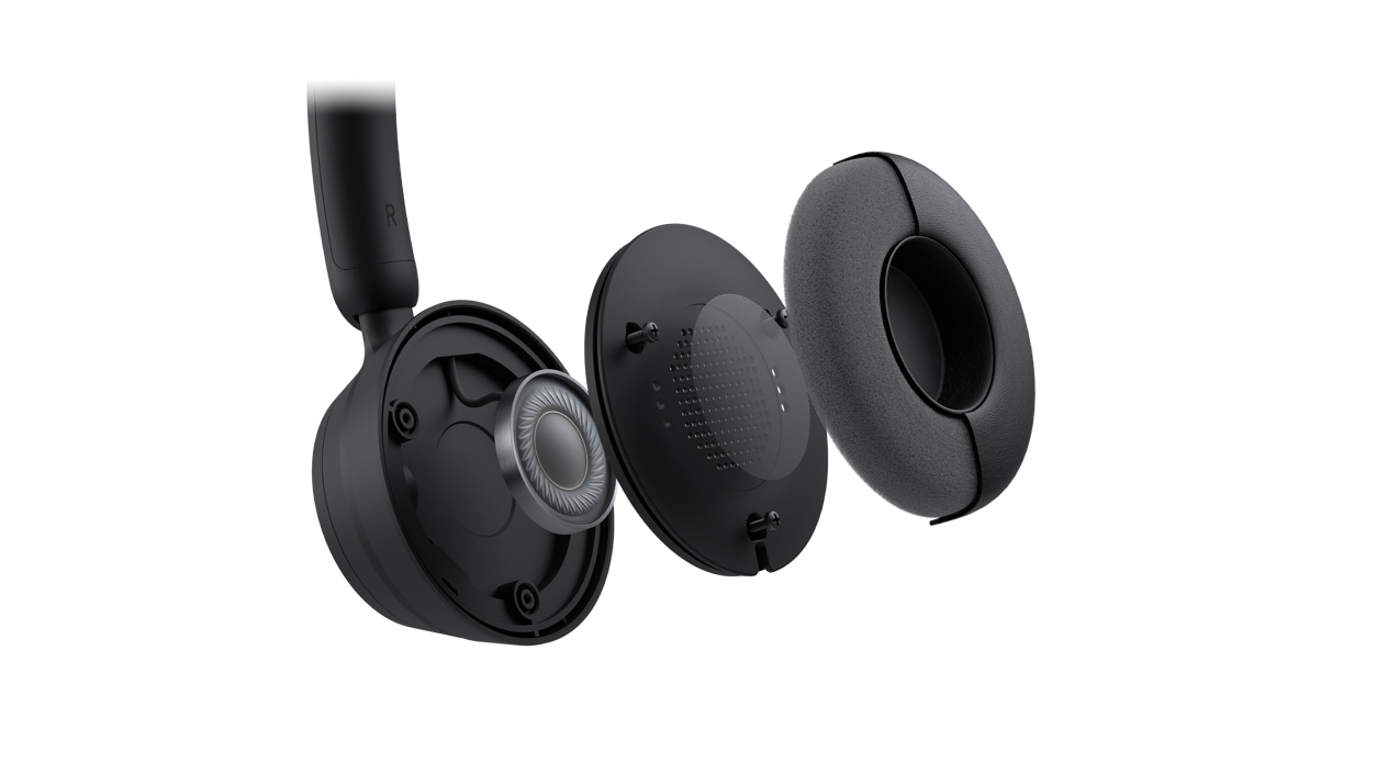 Exploded view of an earcup of the Microsoft Modern Wireless Headset, showing the earcup's internal components.