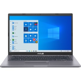 Front view of Asus VivoBook 14 laptop with Windows 10 on screen.