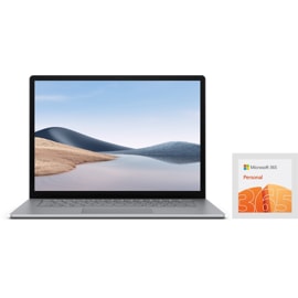Platinanvärinen Surface Laptop 4 edestä ja Microsoft 365 Personal.