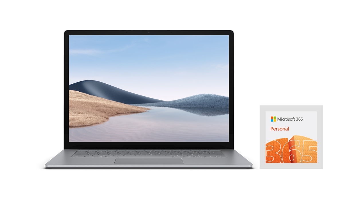 Platinanvärinen Surface Laptop 4 edestä ja Microsoft 365 Personal.