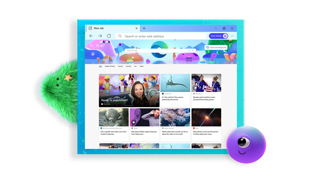 Microsoft Edge browser Kids Mode news screen, suspended between two cartoon characters