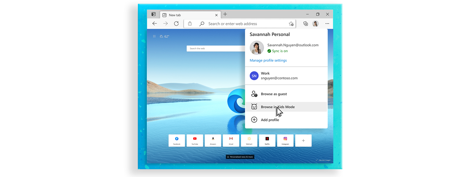 Microsoft Edge browser homescreen showing account options menu