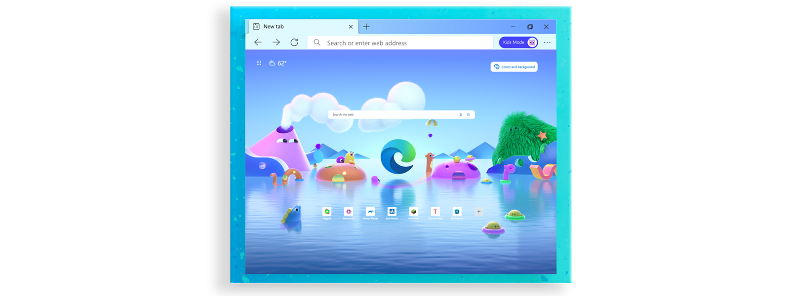 Microsoft Edge -selaimen aloitusnäyttö, jossa on erilaisia lasten selaustilan piirroshahmoja
