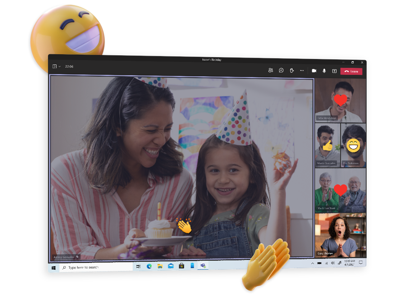 A Teams video call between family members using reactions.