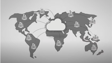 Un mapamundi con una nube que apunta a distintos centros de todo el mundo