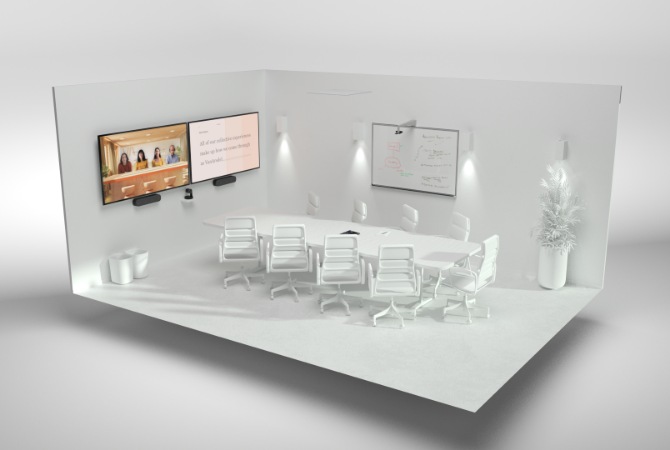 A medium sized conference room with 9 seats, a whiteboard and two screens displaying a Teams call in Together mode and a presentation. 