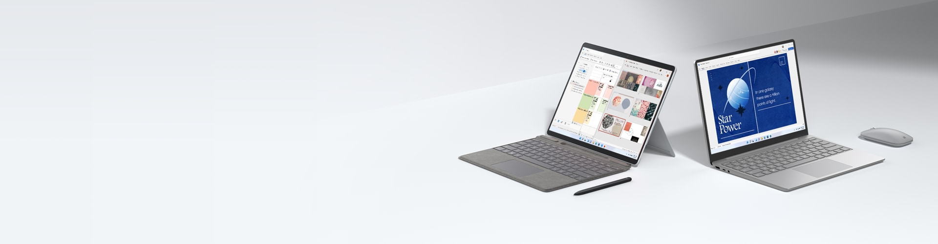 A Surface tablet and Surface laptop shown open and facing different directions beside Surface accessories.