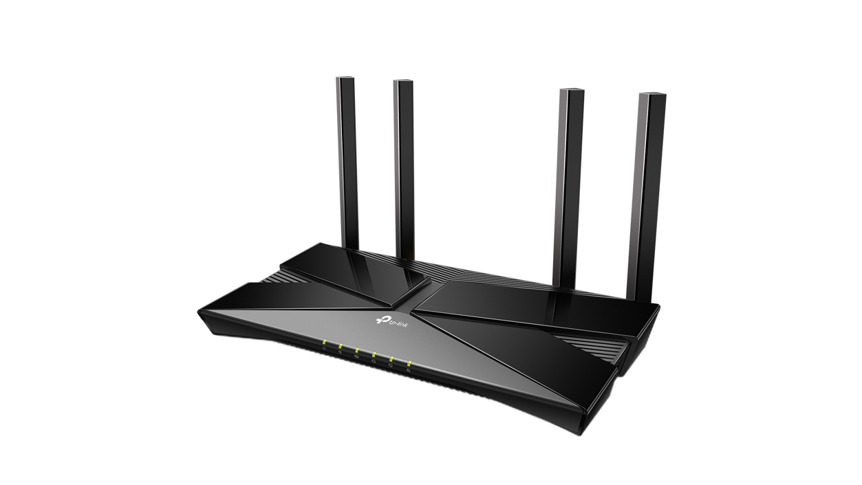 A T P-Link A X 1 5 0 0 Wi-Fi 6 Router facing left.