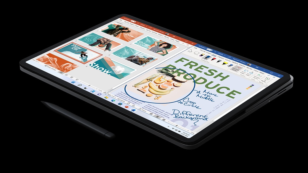 Zařízení Surface Laptop Studio v režimu Studio s perem pro Surface.