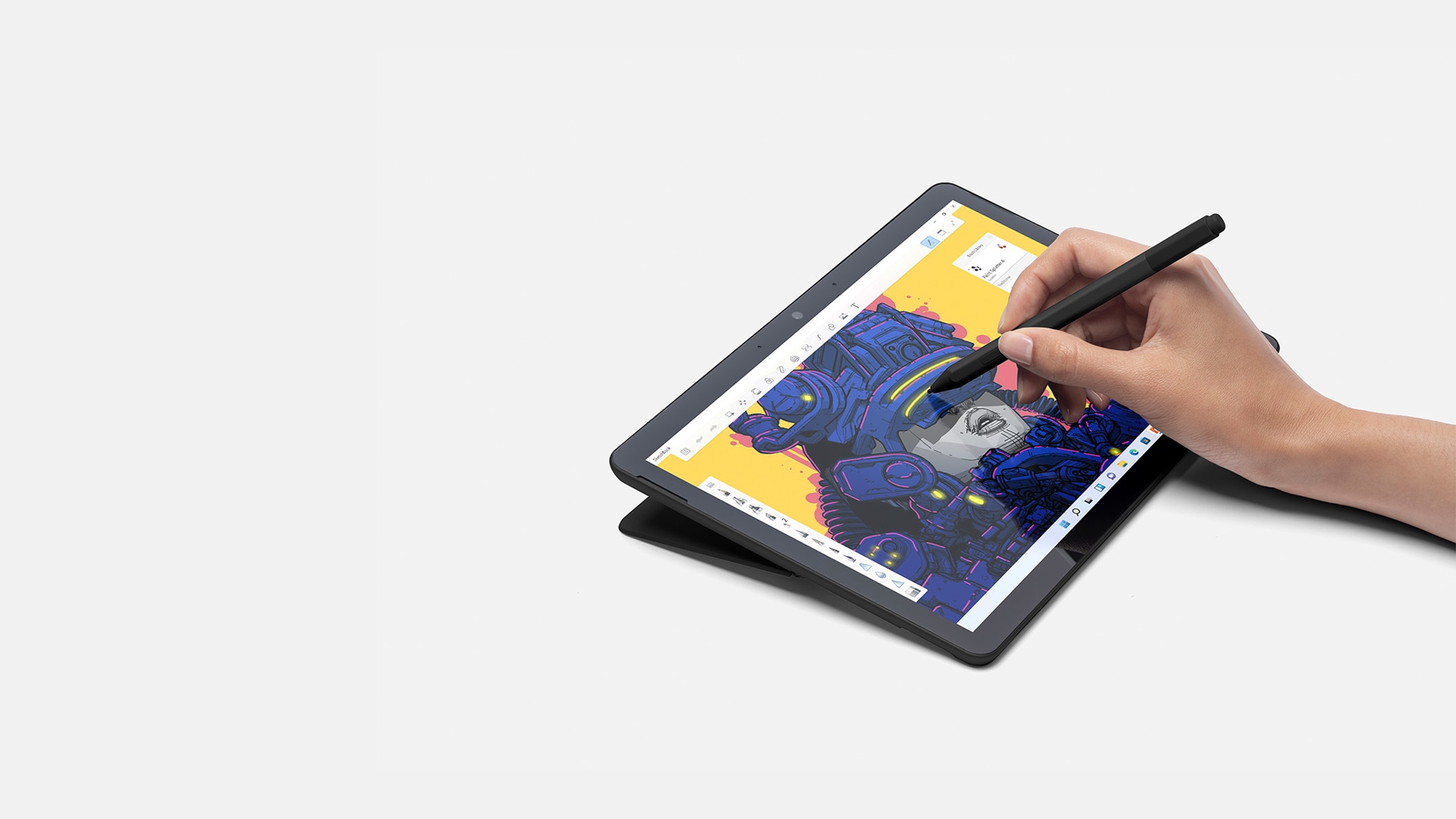 Surface Go 3 se usa como tableta y se muestra con la Pluma para Surface.