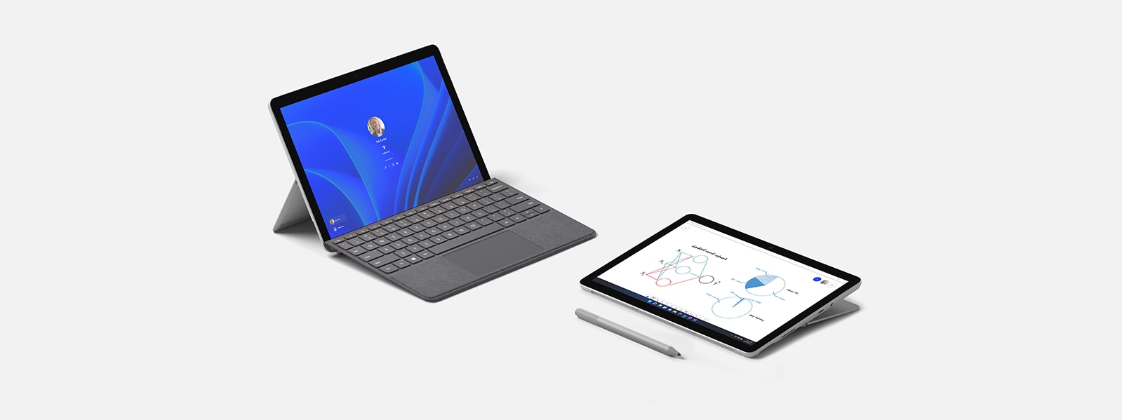 Surface Go 3 in Laptop Mode with Surface Go Signature Type Cover in Platinum and in Studio Mode with Surface Pen
