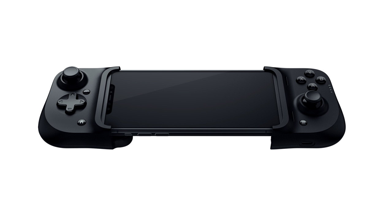Razer Kishi Universal Mobile Gaming Controller for iPhone with an iPhone plugged in from a top angle. 