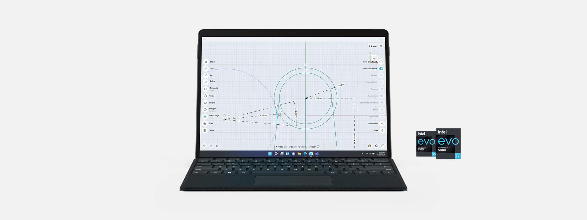 Render of Surface Pro 8 with screen highlighting the processing power of the device