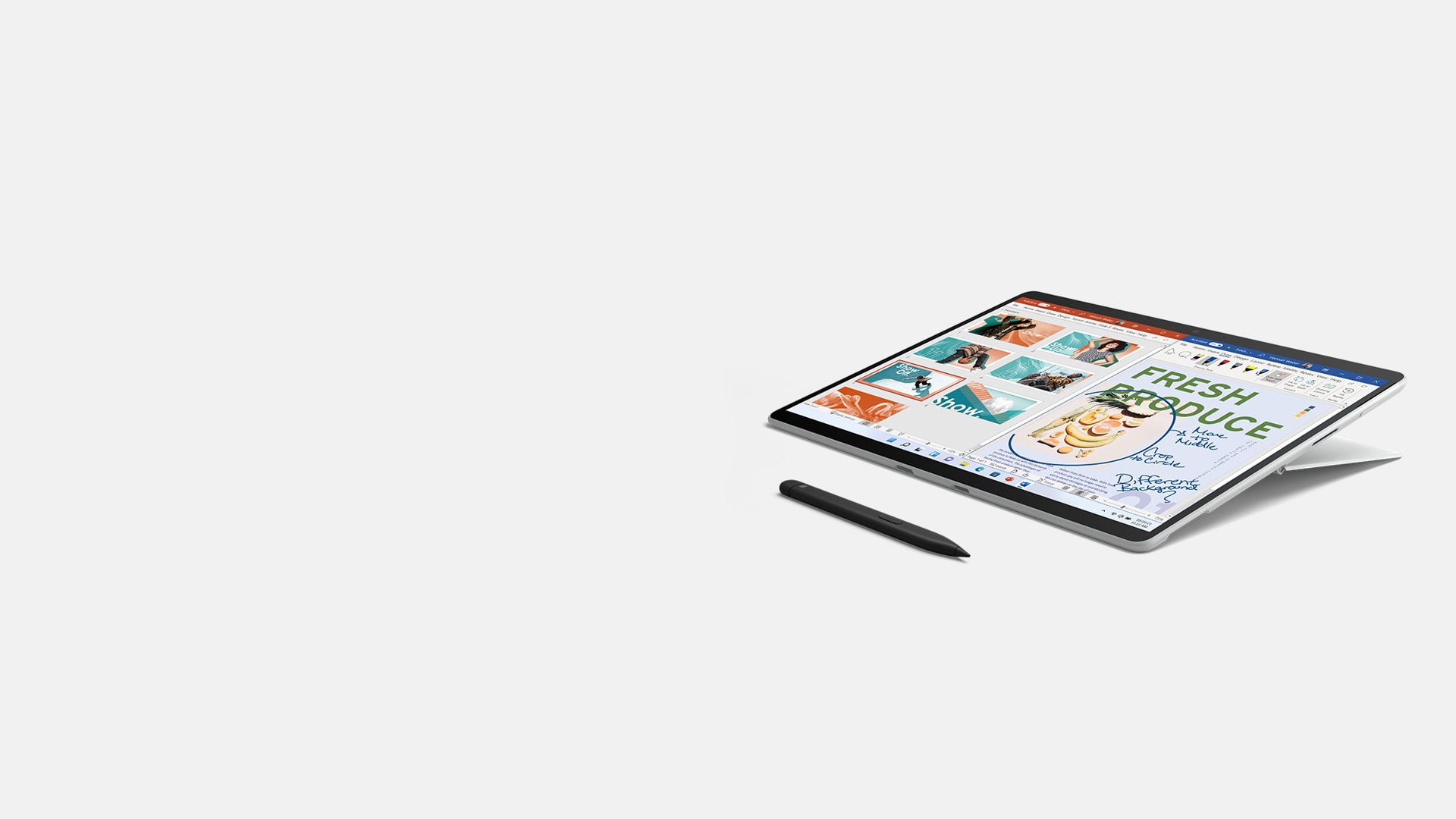 جهاز Surface Pro X معروض مع قلم Surface.
