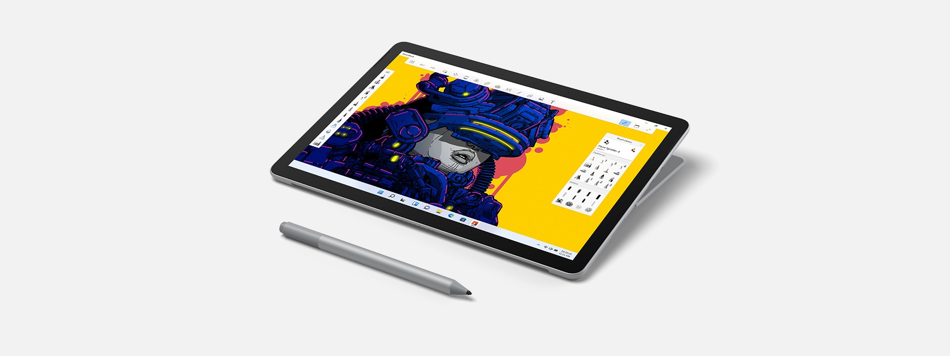 顯示當做平板電腦使用的 Surface Go 3 與 Surface 手寫筆。