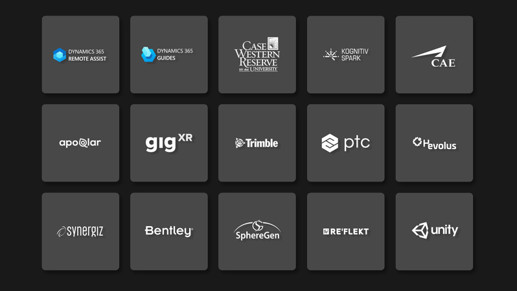Parede de logotipos de parceiros do HoloLens 2, incluindo Case Western Reserve, GigXR, Trimble, PTC e muito mais. 