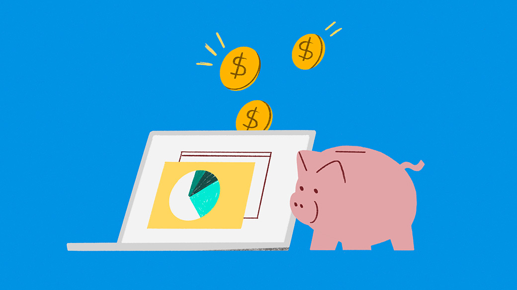 Illustration of a laptop with pie chart, piggy bank, and dollar signs.