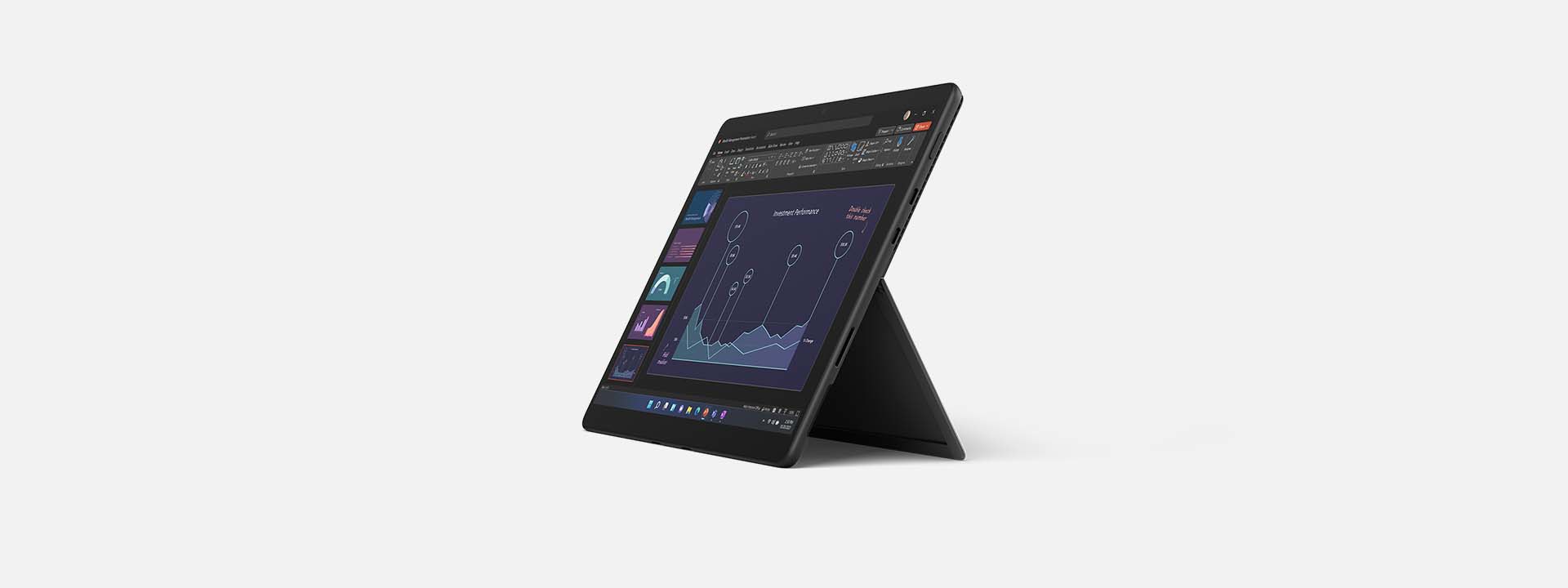 Redare a dispozitivului Surface Pro 8 cu ecranul care evidențiază durata de viață a bateriei