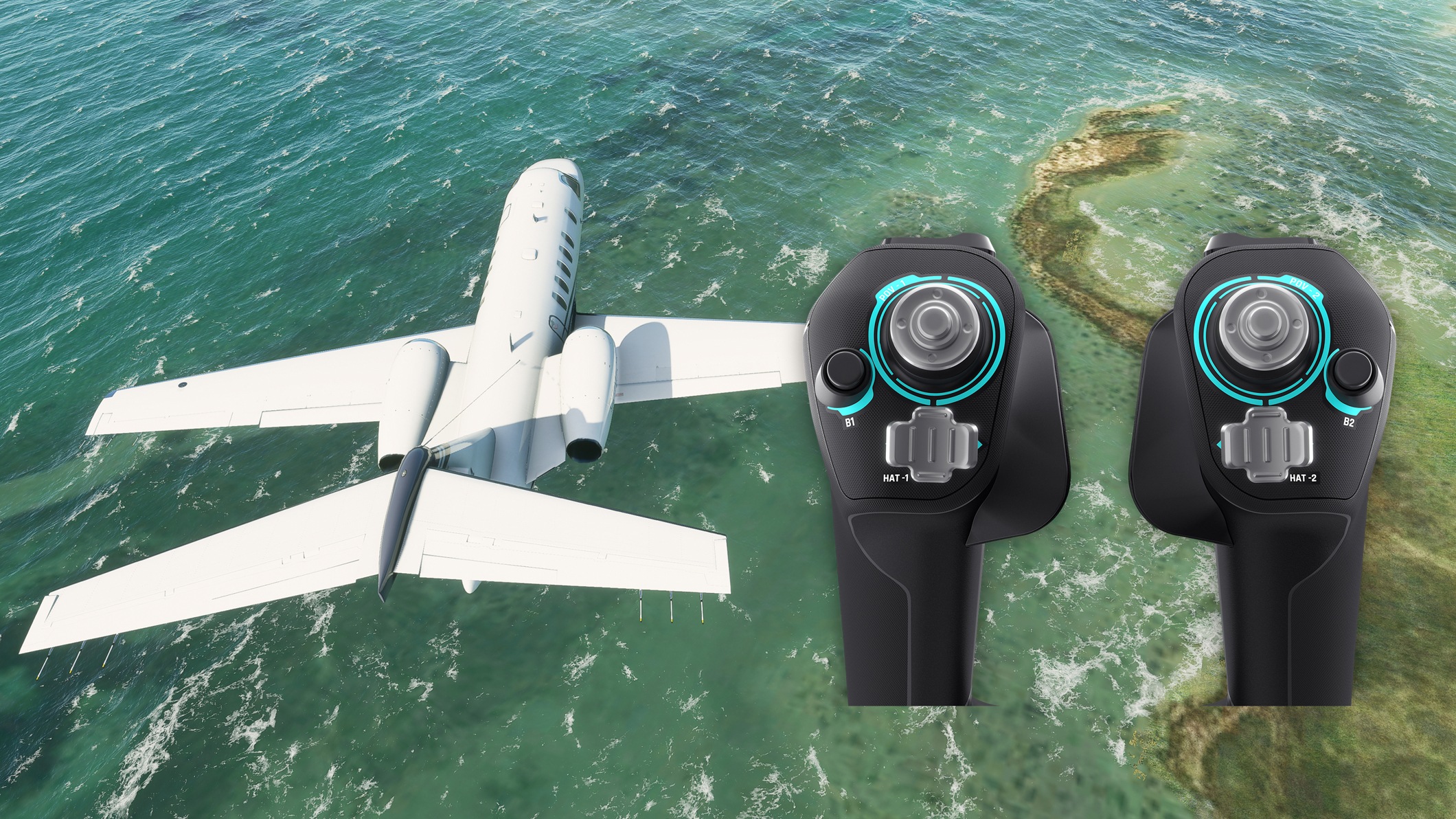A plane over a body of water with the Turtle Beach® VelocityOne™ Flight Universal Control System joysticks in view.