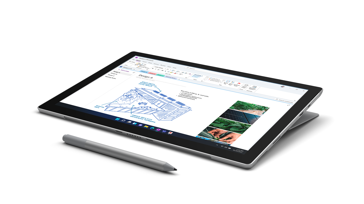 ペン モードの Surface Pro 7+ と Surface スリム ペン。