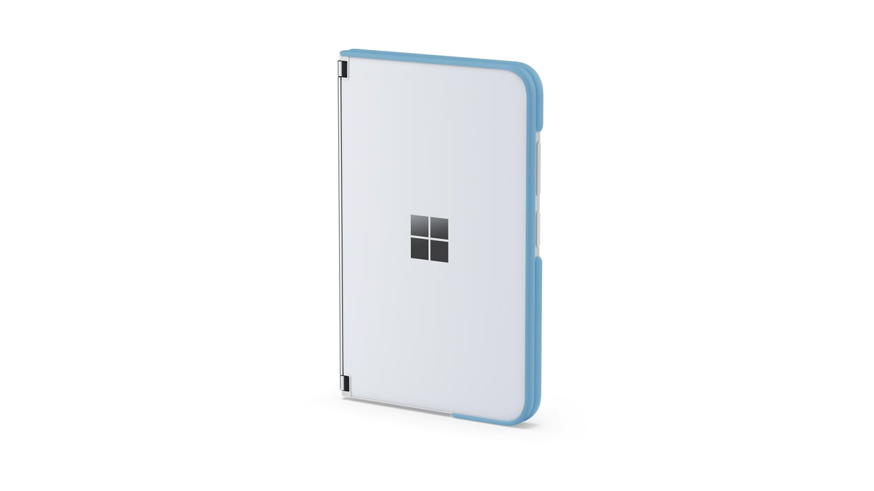 Render of Surface Duo 2 Bumper in light blue on device.