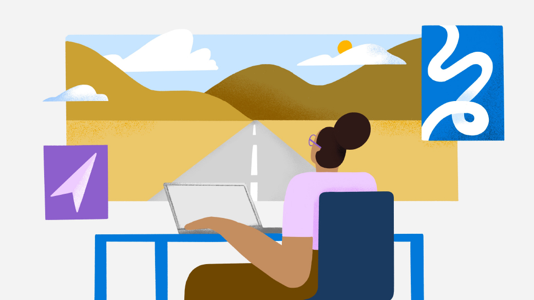 Illustration of a woman with a laptop sitting in front of a highway