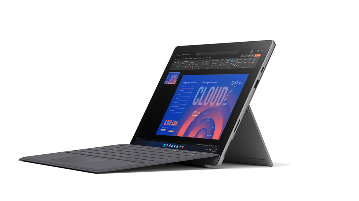 Un dispositivo Surface Pro 7+ in modalità Laptop con una tastiera Surface Pro X Signature Keyboard
