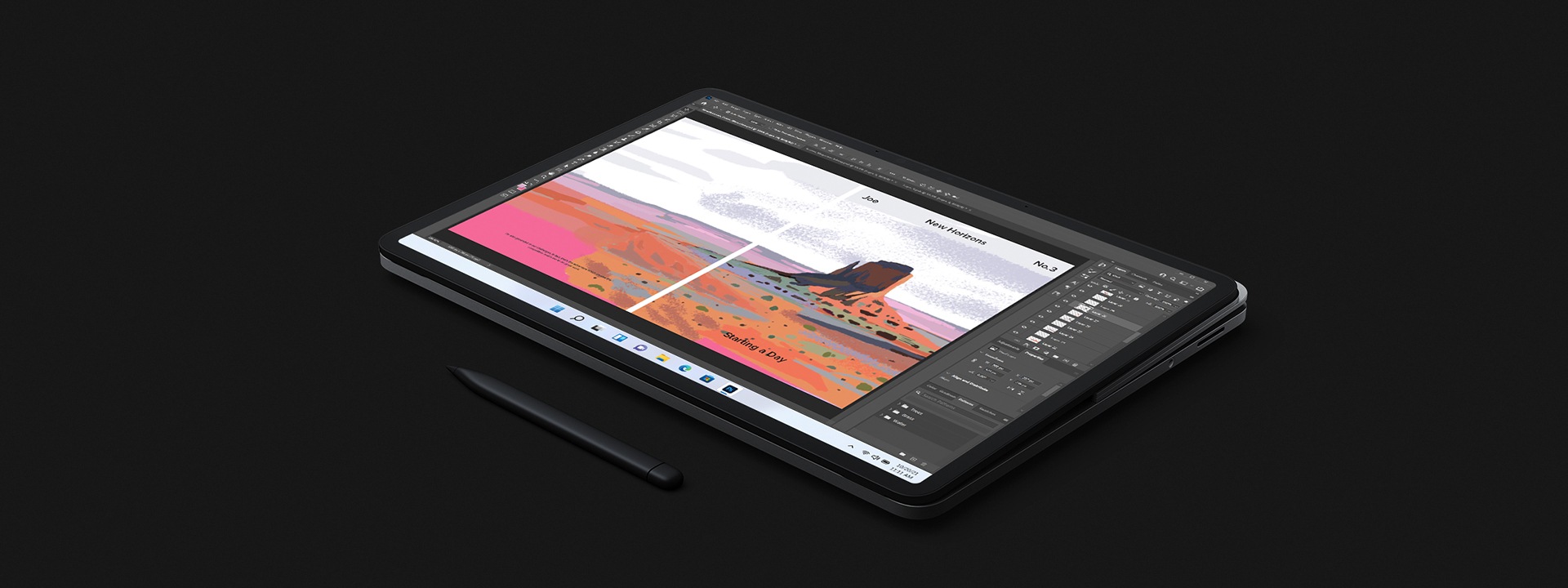 Surface Laptop Studio dalam mod studio menunjukkan Adobe Photoshop.