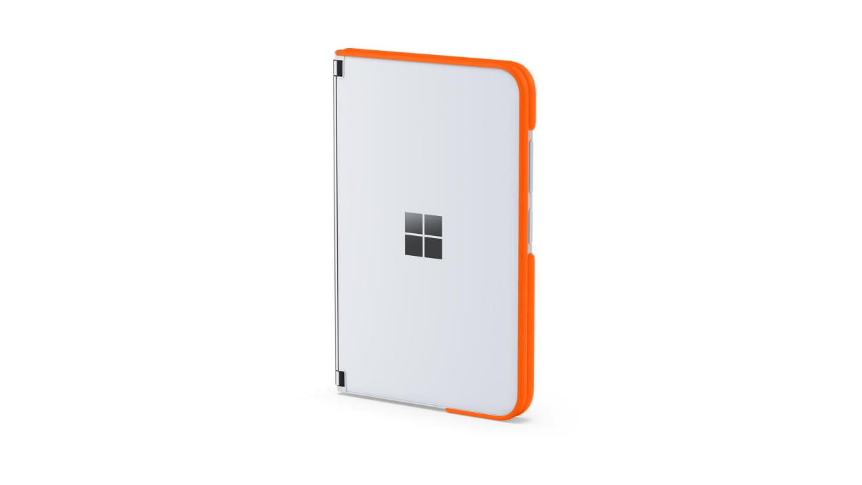 Render of Surface Duo 2 Bumper in tangerine on device