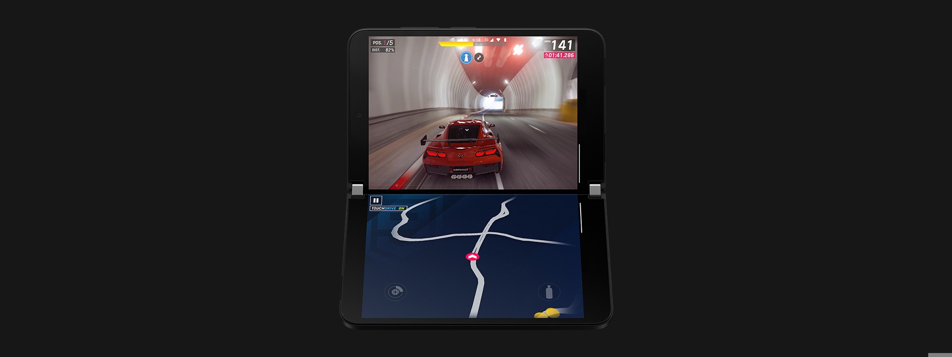 Surface Duo 2 with Asphalt 9 displayed on two screens.