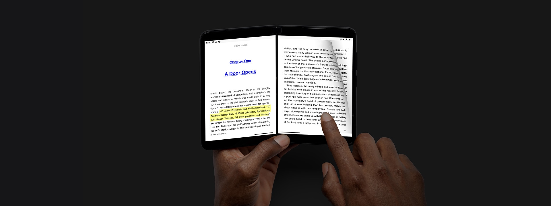 A person reading on Surface Duo 2 with the Kindle app.