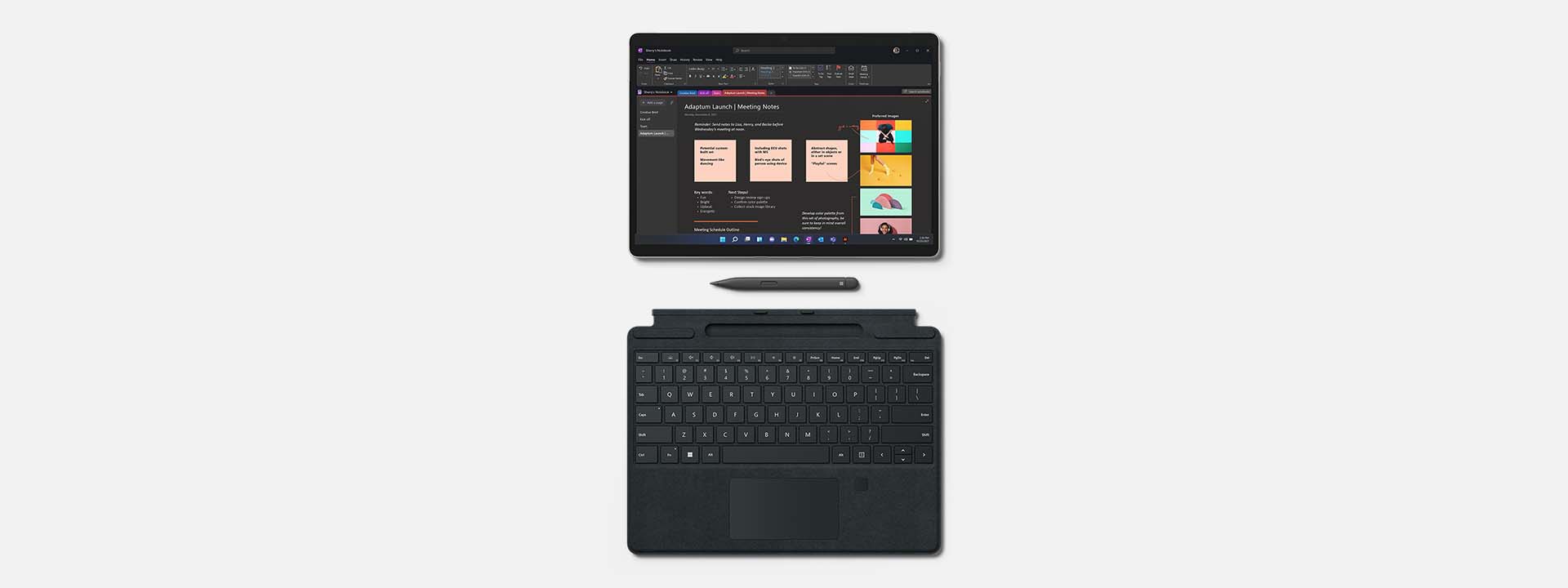 Surface Pro 8 in tabletmodus naast Surface Pro speciaal toetsenbord en Surface Slim Pen 2 om draagbaarheid te benadrukken