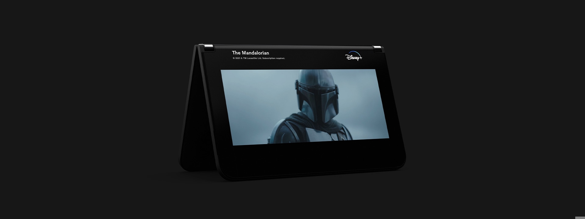 Surface Duo 2 in Tent Mode displaying The Mandalorian on Disney+.