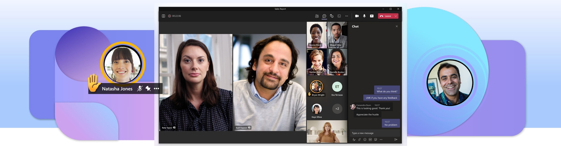 A desktop display of a Teams video call with 11 participants and the text chat open on the right.