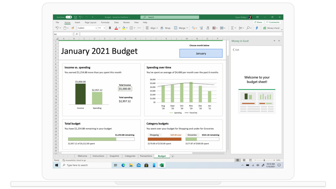 An Excel spreadsheet of a budget from January 2021 with tables and graphs.